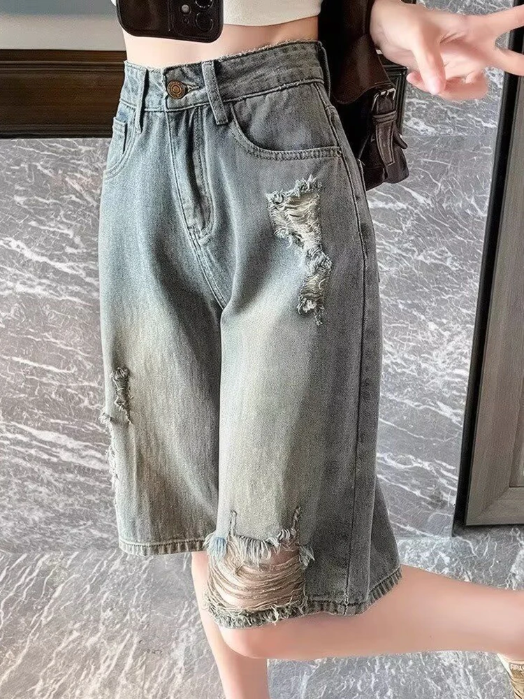 Hop Hole Denim Shorts Women High Waist Vintage Streetwear Casual Jeans Shorts Summer American Harajuku Retro Loose Shorts