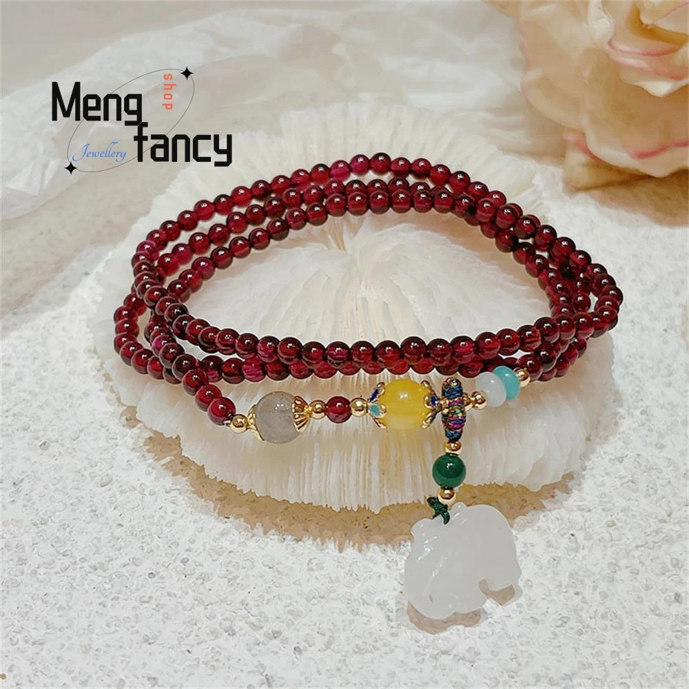 

Natural Three-ring Garnet Bracelet White Jade Auspicious Elephant Purple Wu Strings Tourmaline to Attract Wealth Fashion Jewelry