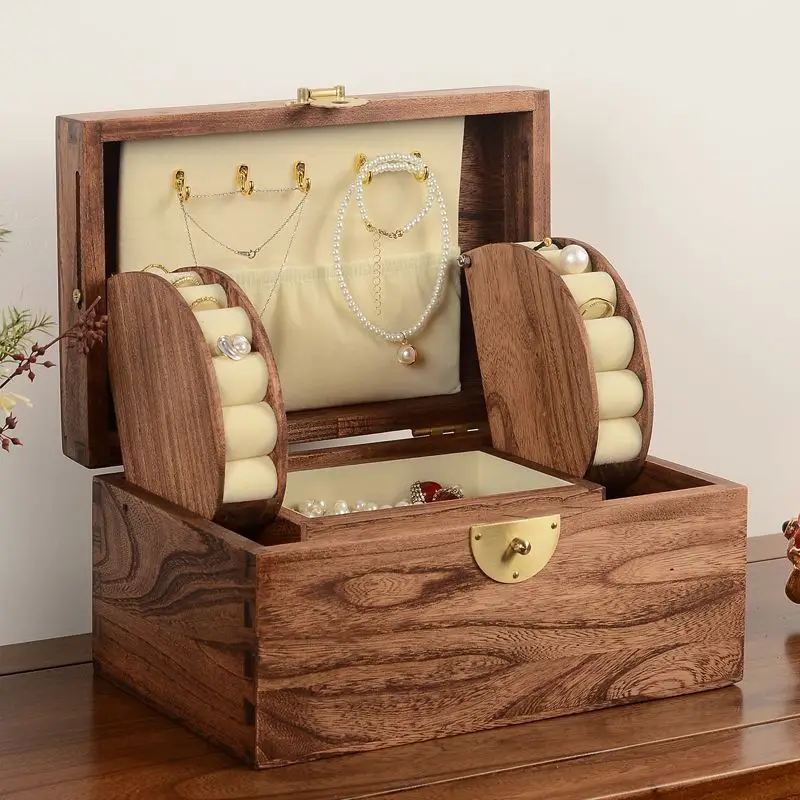 Solid Wood Jewelry Box Luxury Retro Display Case Ring Necklace Bracelet Storage Boxes Multi Layer Large Capacity Jewellery Boxes