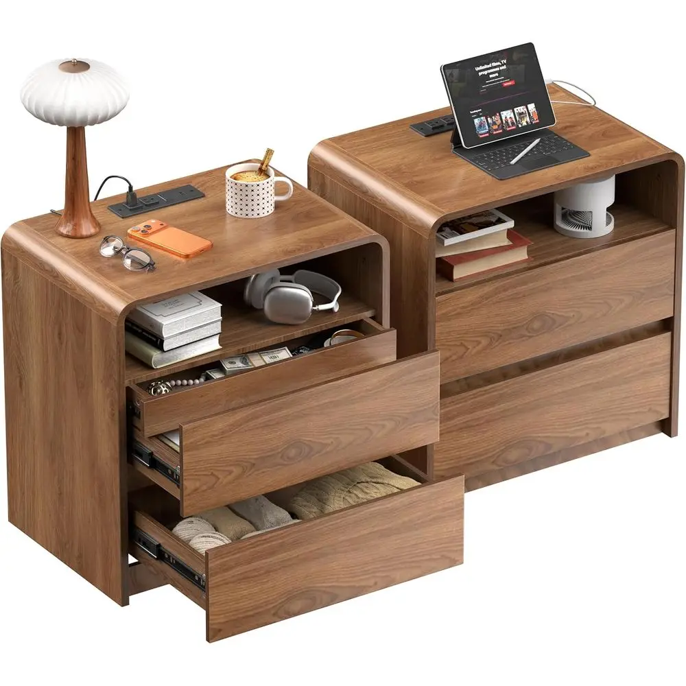 

Pair of 23.8 Walnut Nightstands with Curved Profile for Bedroom