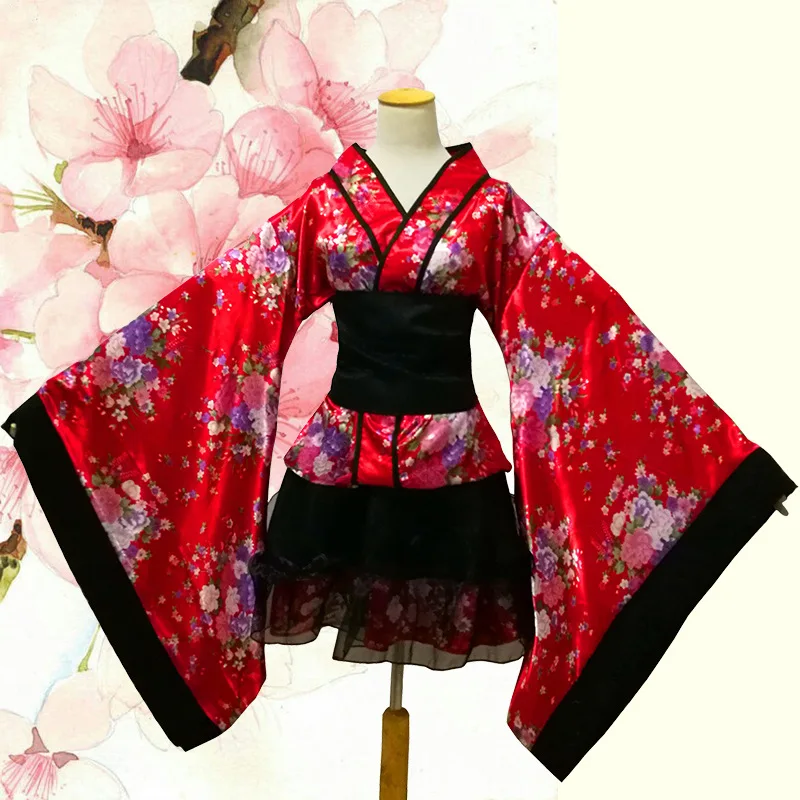 Elegant Retro Japanese Cherry Blossom Kimono Maid Lolita Dress Cosplay Costume For Home Dance Party Stage Performance Outfit