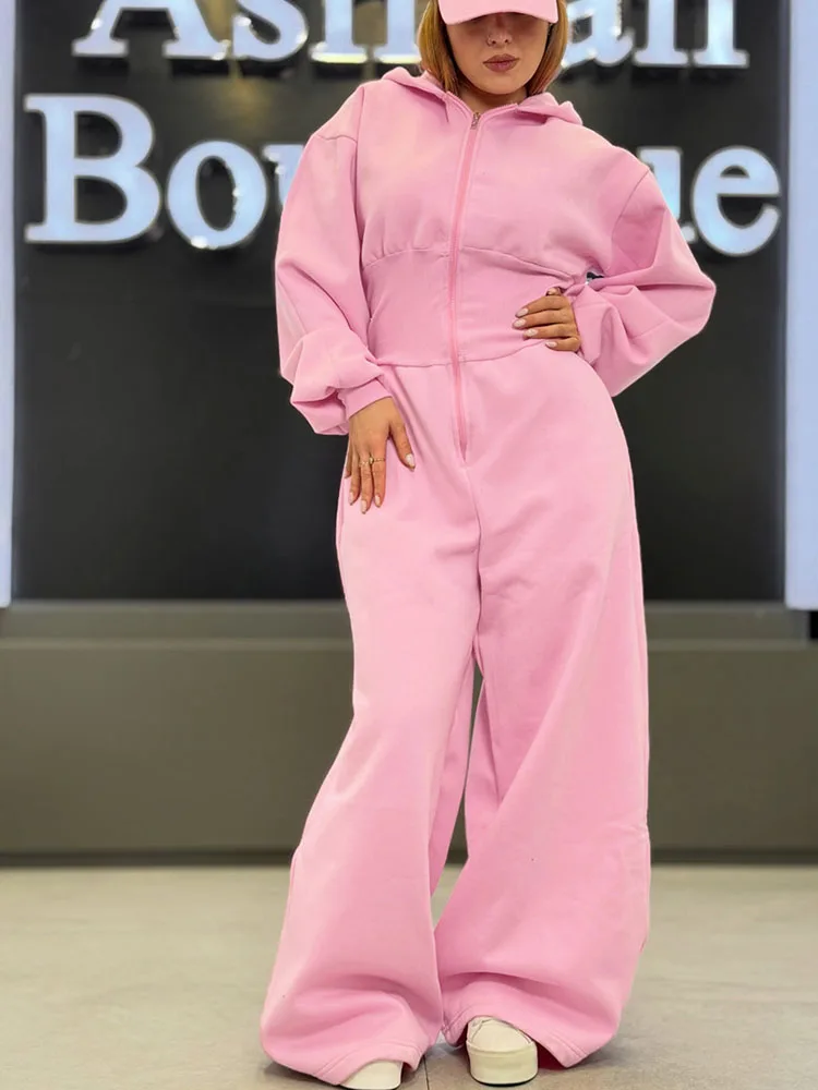 

Doyerl Solid Casual Loose One Piece Jumpsuit Woman Autumn Winter Front Zipper Hooded Sportwear Rompers and Jumpsuits Tracksuits