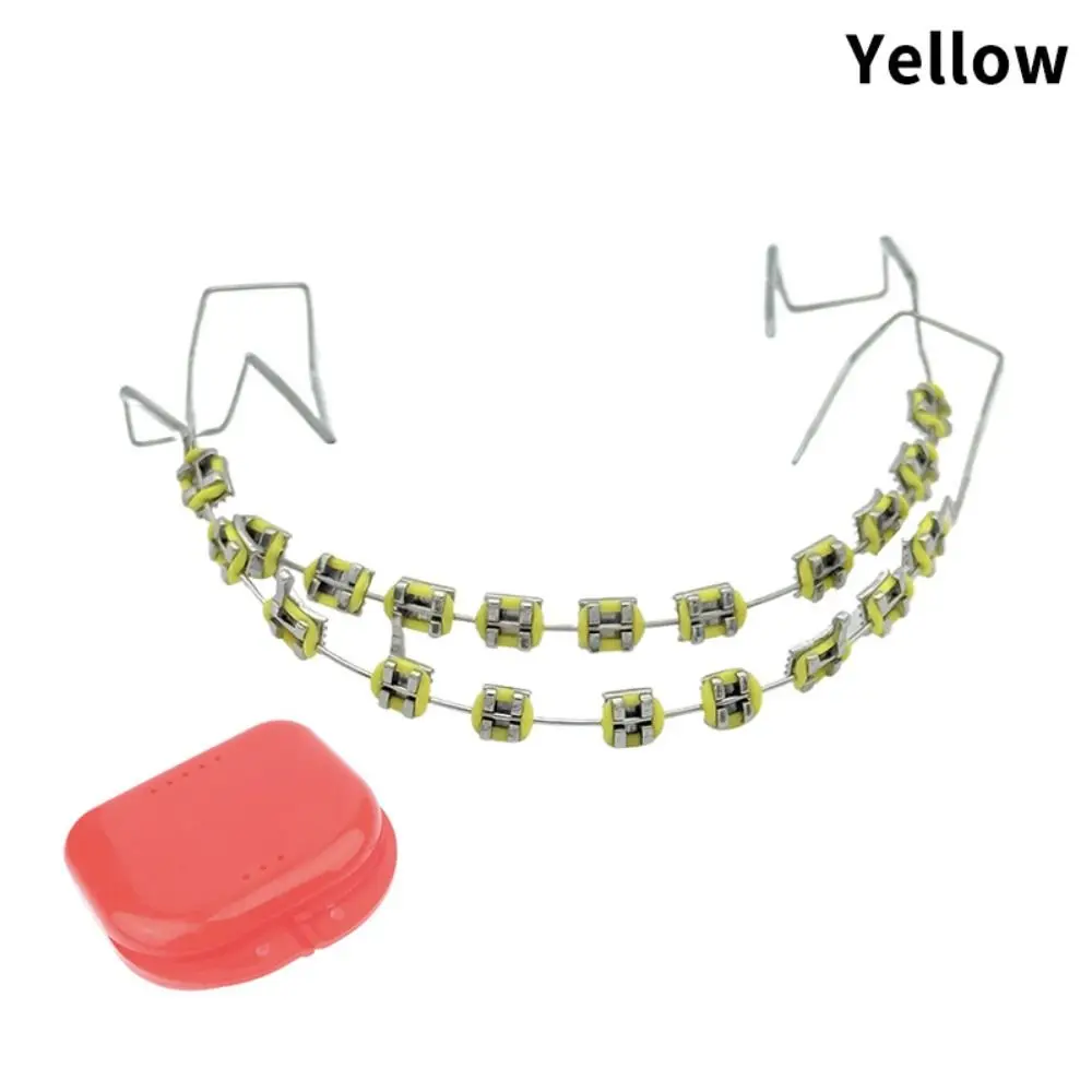 

Colorful Temporary Tooth Decoration with Box with Metal Wires Orthodontic Ligature Ties Fake Brackets Braces Metal Bracket Teeth