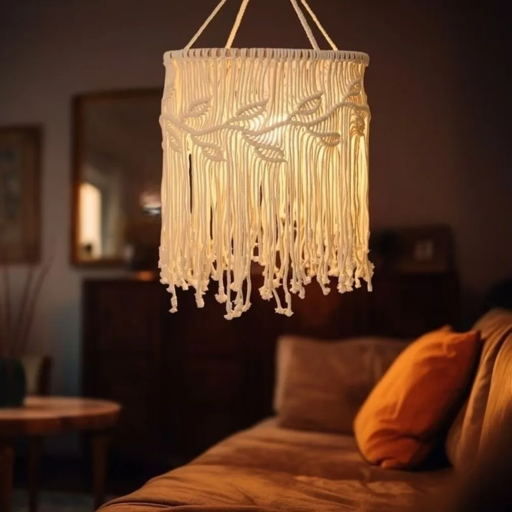 Handwoven Bohemian Tassel Lampshade Hanging Nordic Design Hanging Light Cover Textured Weave Vintage Look