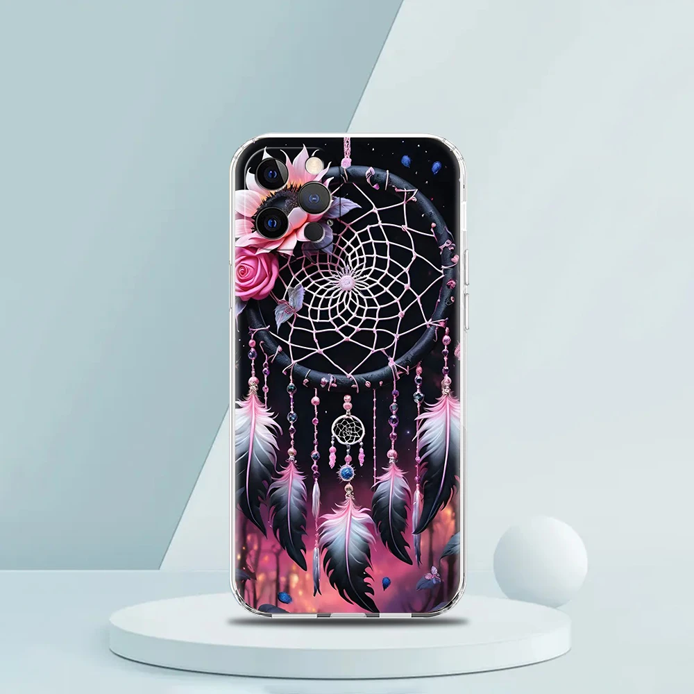 Soft TPU Transparent Phone Case Cover for iPhone 16 15 14 13 12 11 Pro Max XR 8 7 Plus XR Shell Mandala Dreamcatcher Pattern Bag