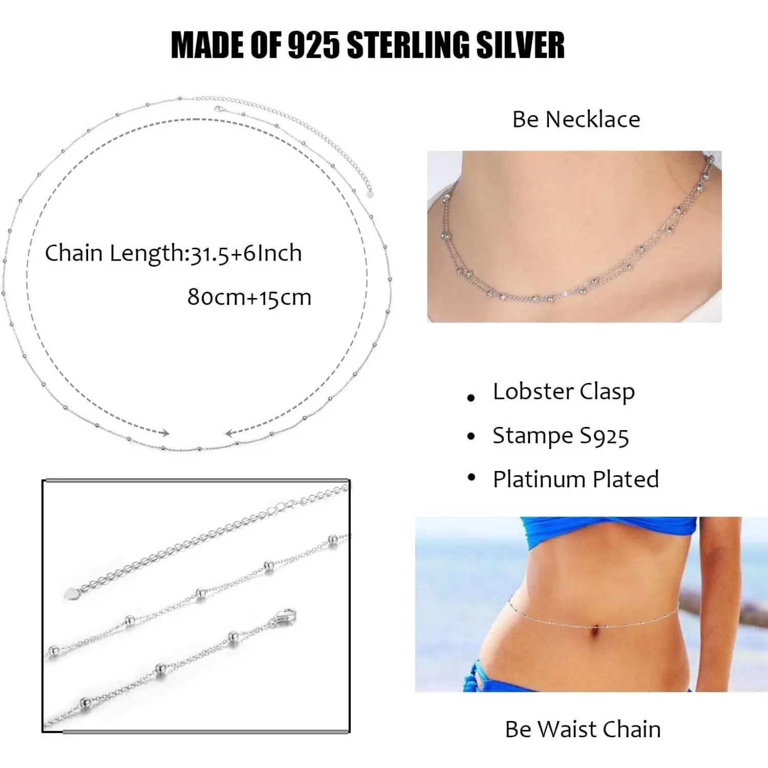 Fansilver 925 Sterling Silver plażowe łańcuszek w talii minimalistyczny łańcuszek z pas do ciała plażowym łańcuszek na brzuch z koralikami dla kobiet biżuteria do ciała