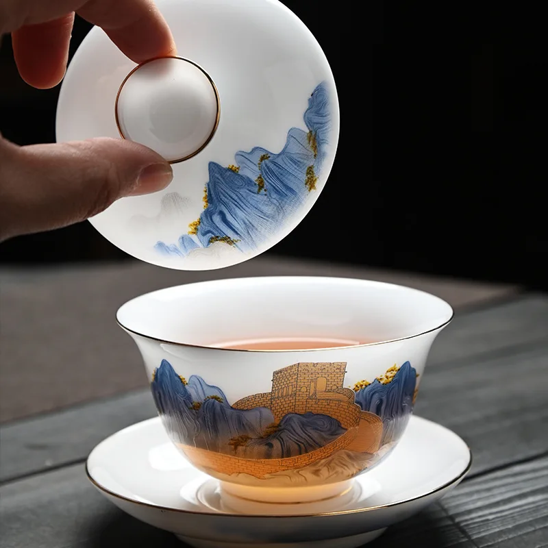 Dehua Ice White Jade Porcelain Tea Set Ceramic Sheep Fat Jade Kung Fu Three Talents Gaiwan Master Cup Gift Box