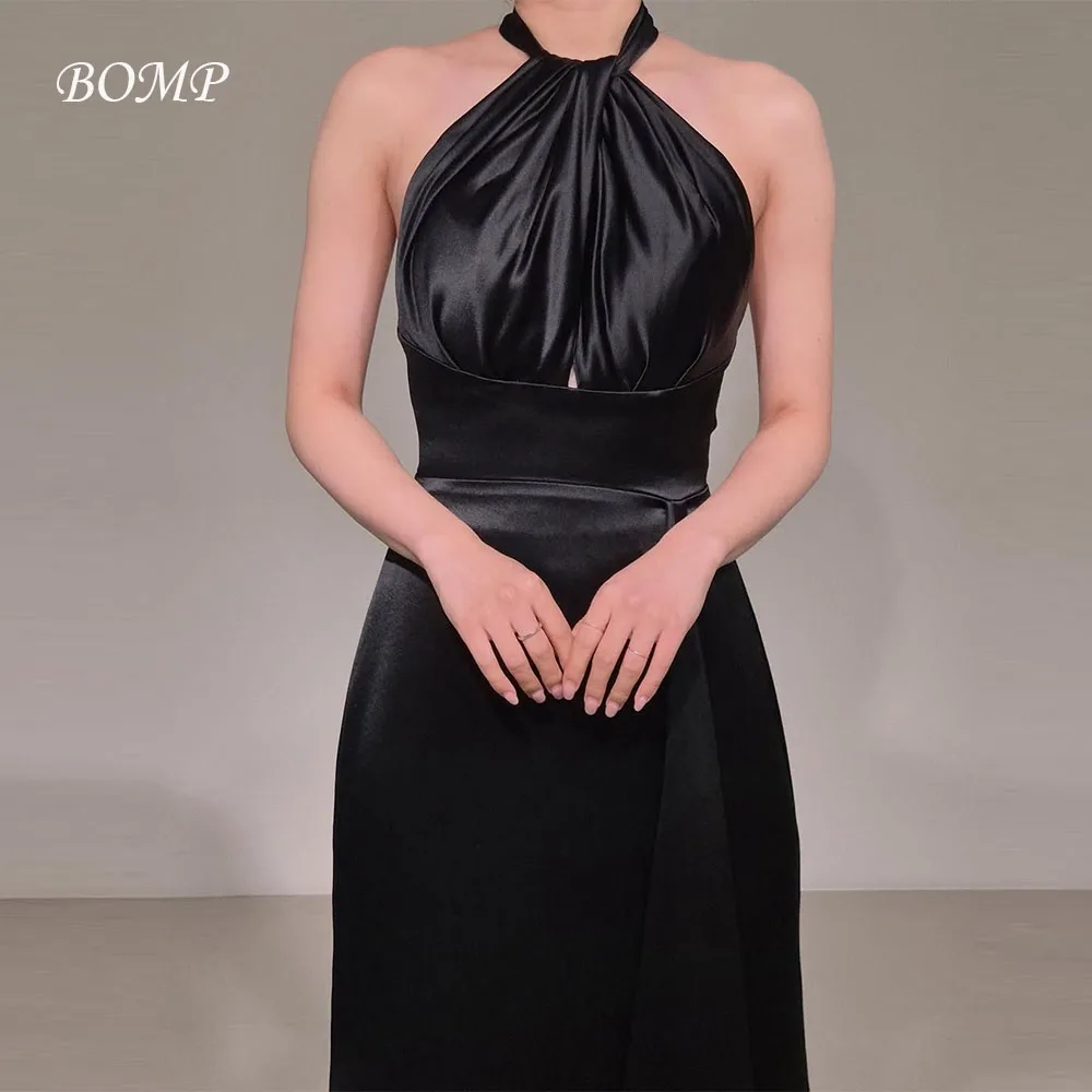 BOMP بسيط أسود الحرير الساتان فساتين الزفاف الرسن ربطة القوس فيونكة عارية الذراعين كوريا صورة تبادل لاطلاق النار ثوب استقبال الزفاف مخصص