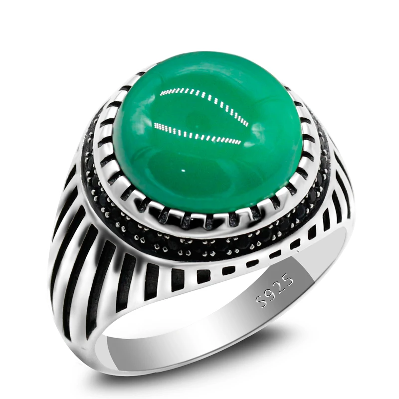 s925 Sterling Silver Men's Ring Natural Green Onyx Stone Parallel Stripes Vintage CZ Punk Style Men's Ring Set Ring for Woman