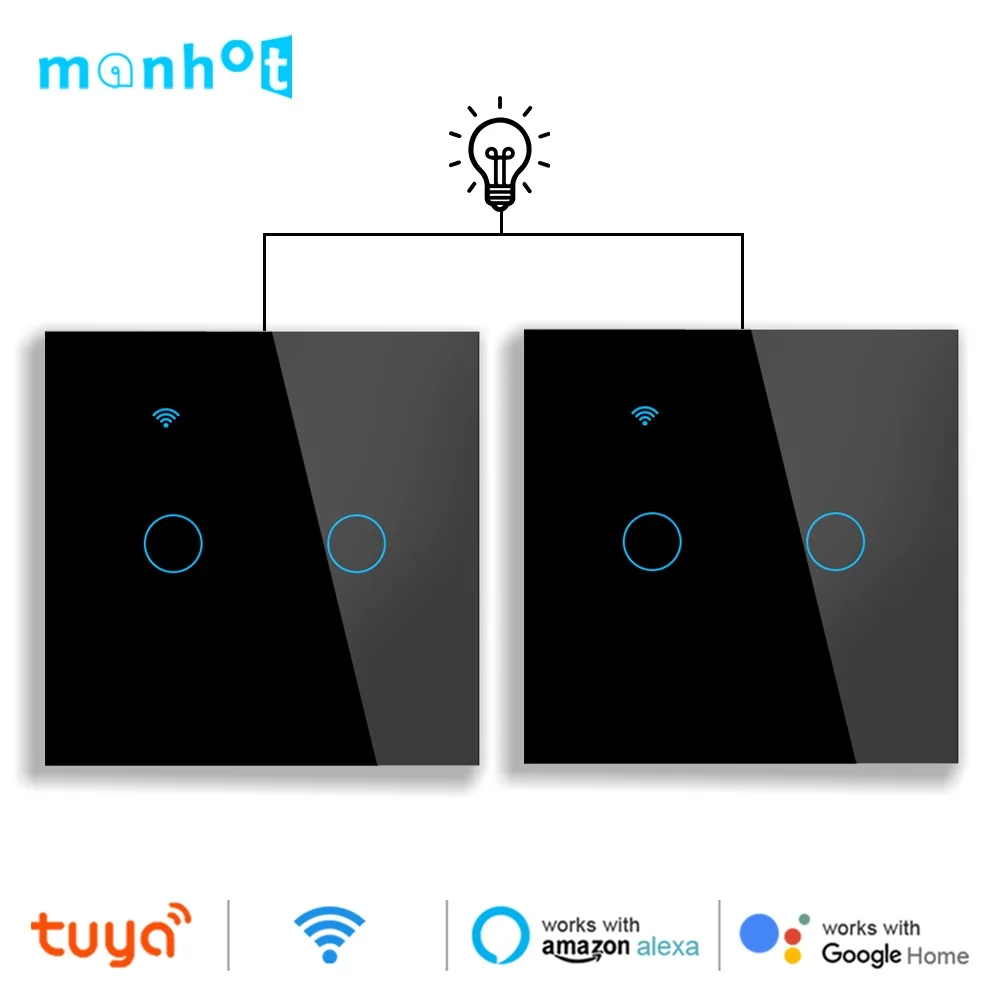 

Умный настенный беспроводной сенсорный выключатель Smart Life Tuya WiFi для лестничных светильников, 2-клавишный, 1/2/3-позиционный, совместимый с Google Home и Alexa
