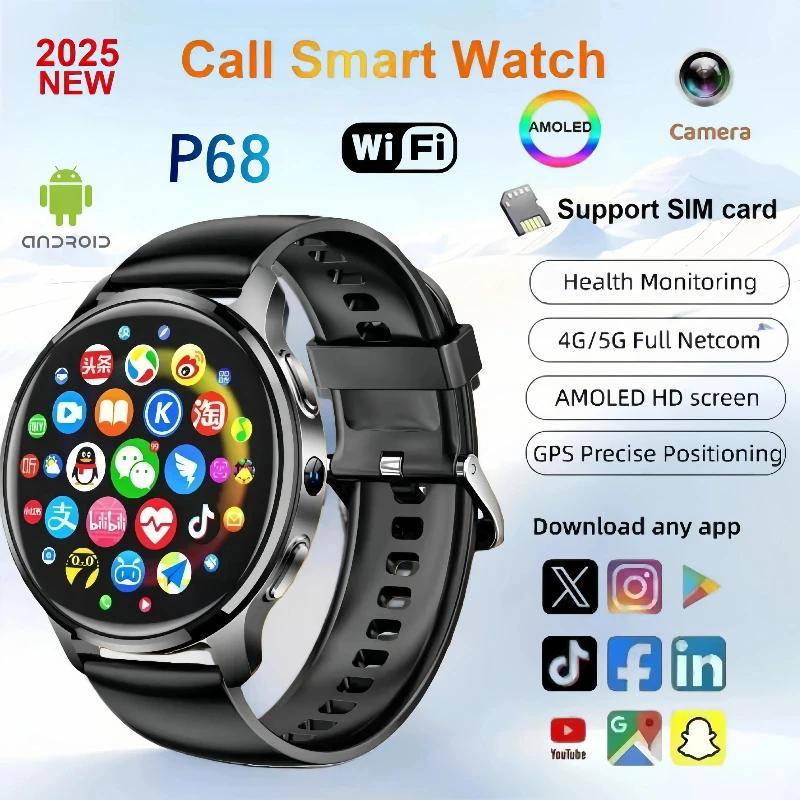 2025 4G Android Heren smartwatch P68 met 1,508 inch scherm 466 x 466 pixels 500 W dubbele camera Hartslag GPS WIFI Bluetooth