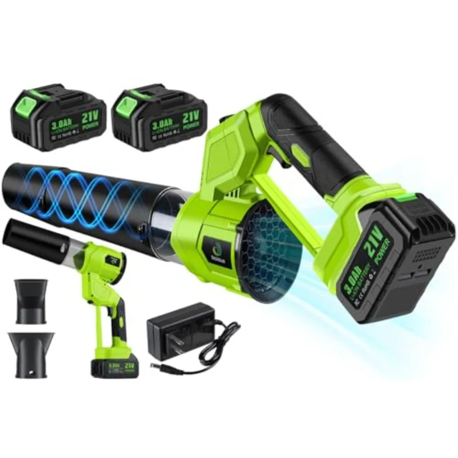 

Беспроводная воздуходувка для листьев, перезаряжаемая, 21В, с 2 аккумуляторами и зарядным устройством, 4 режима скорости, поворотная насадка