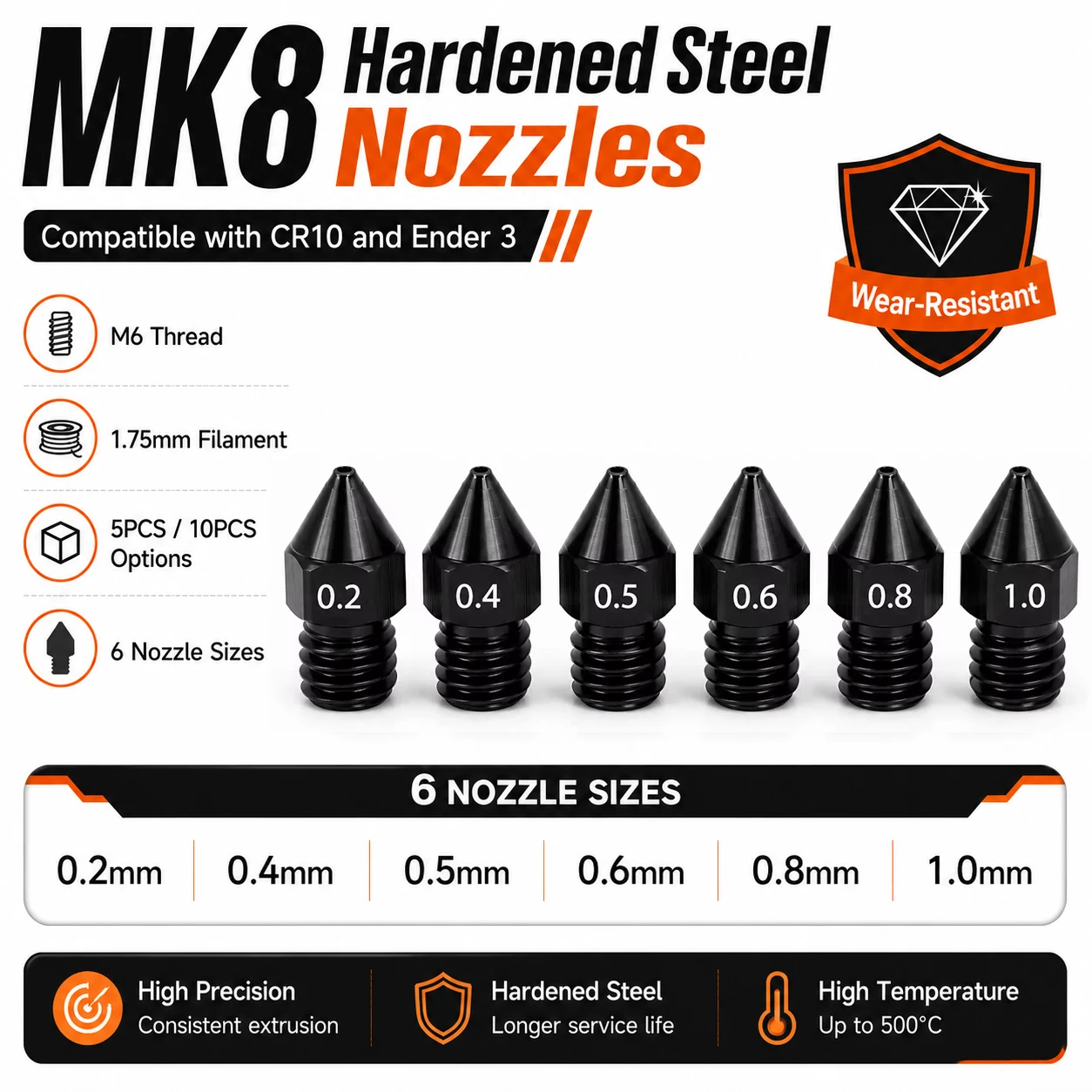 2/5/10PCS MK8 Hardened Steel Nozzles 0.2 0.4 0.5 0.6 0.8 1.0mm M6 Thread 1.75MM Filament for 3D Printers Hotend CR10 Ender3