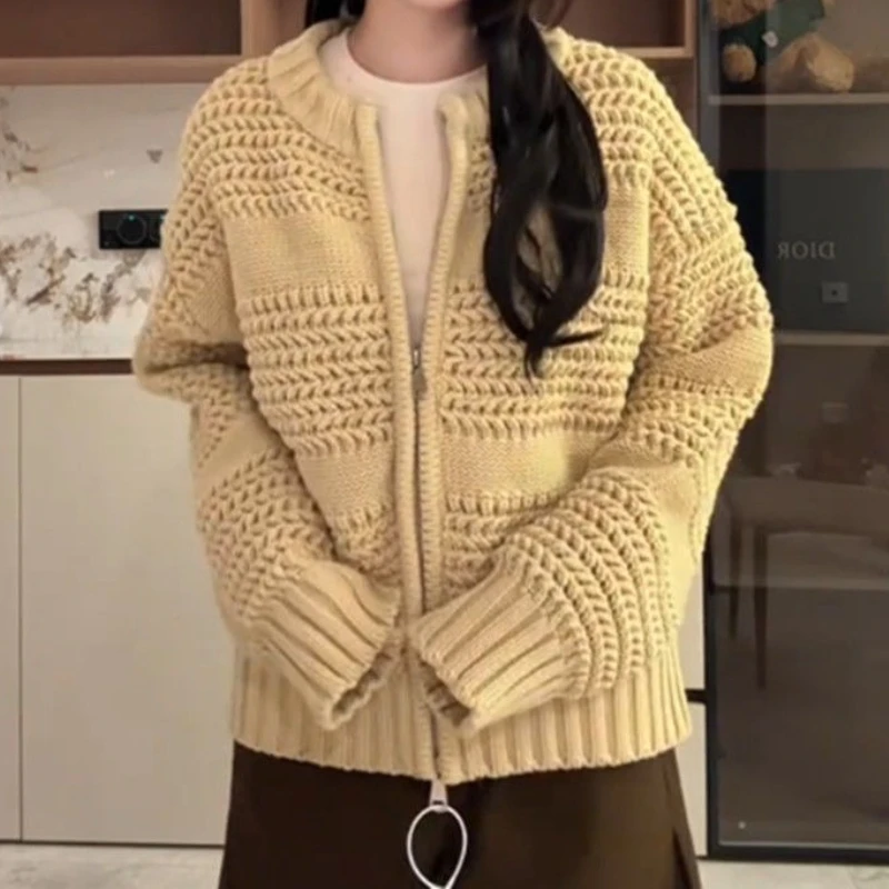 Vintage twist double zipper sweater cardigan jacket women's autumn and winter lazy senior loose knitted sweater
