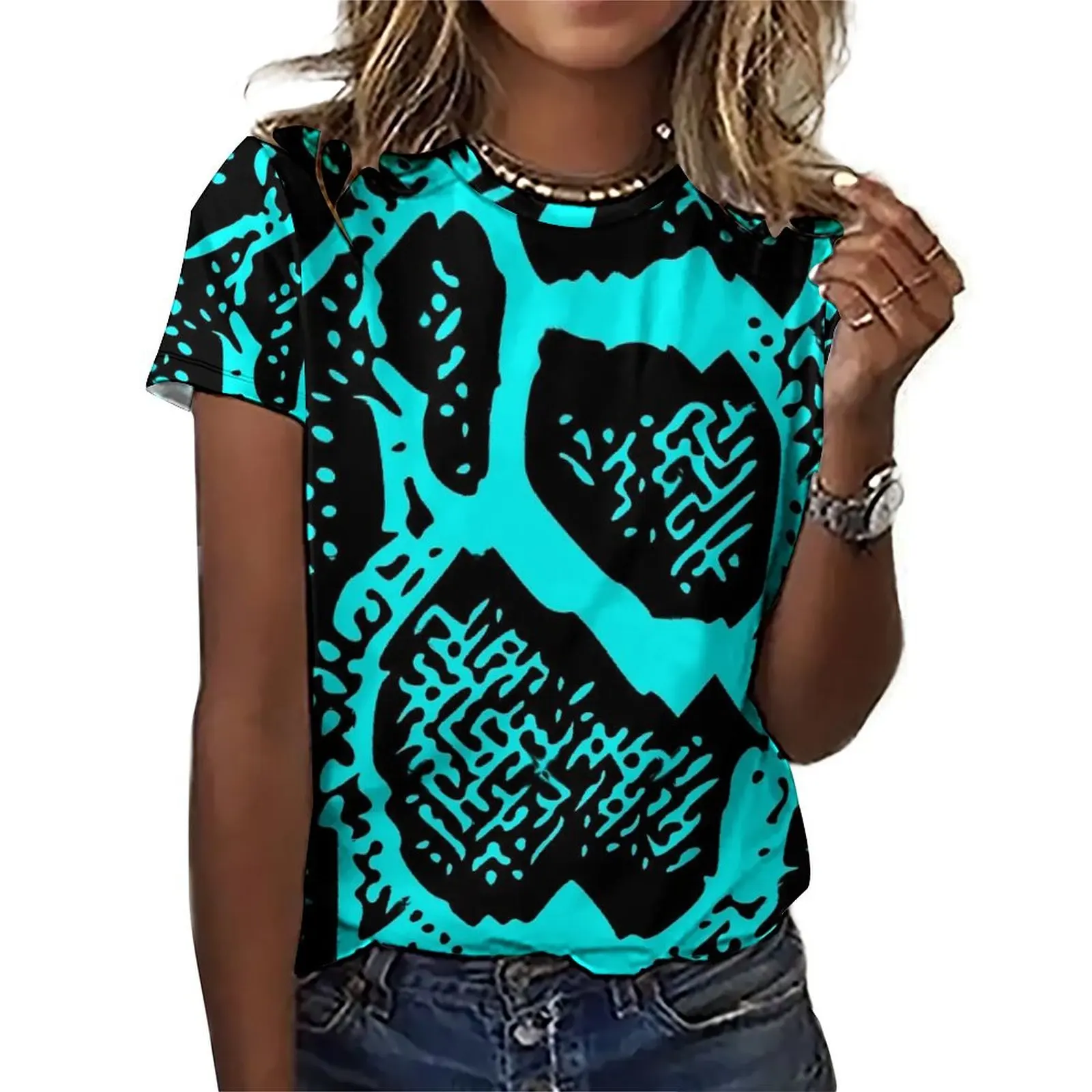 Snakeskin T Shirts Cyan and Black Python Skin Classic Oversized T Shirt Short Sleeve Womens Funny Tshirt Summer Custom Clothing