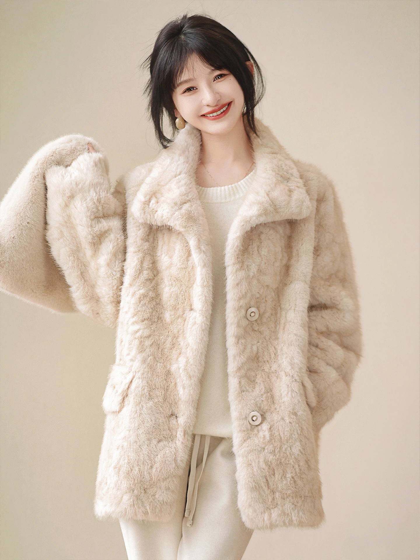 

Thiened Eco-Friendly Fur Coat adient Texture Wrap Sle Women's Jaet Long Sve Stand Version Mid-Length Coat