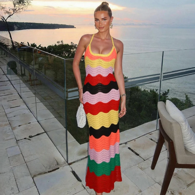 

TARUXY Striped Knitted Sexy Colorful Dress Women's Sleeveless Slim Fashion High-street Long Dress Summer Beach Party Dresses
