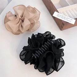 Large Size Black Solid Color Fabric Ribbon Flower Rose Chiffon Bow Hair Claws for Women Updo Shark Clips Accessories K-