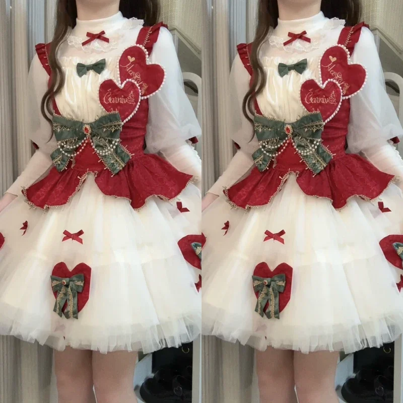 Lolita Christmas New Year Robe Women's Suit Dress Sweet Cute Japanese Bow Kawaii Party Dress