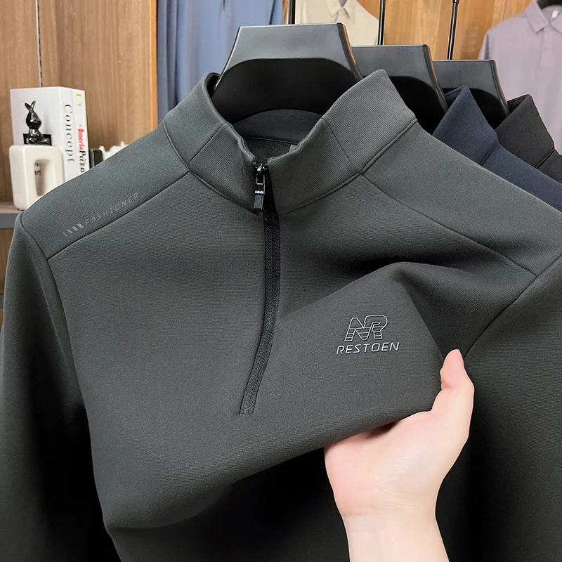 

Men's High-end Half-turtleneck Sweater Autumn and Winter Thickened Fleece Zipper Stand-up Collar T-shirt Base Layer Warm