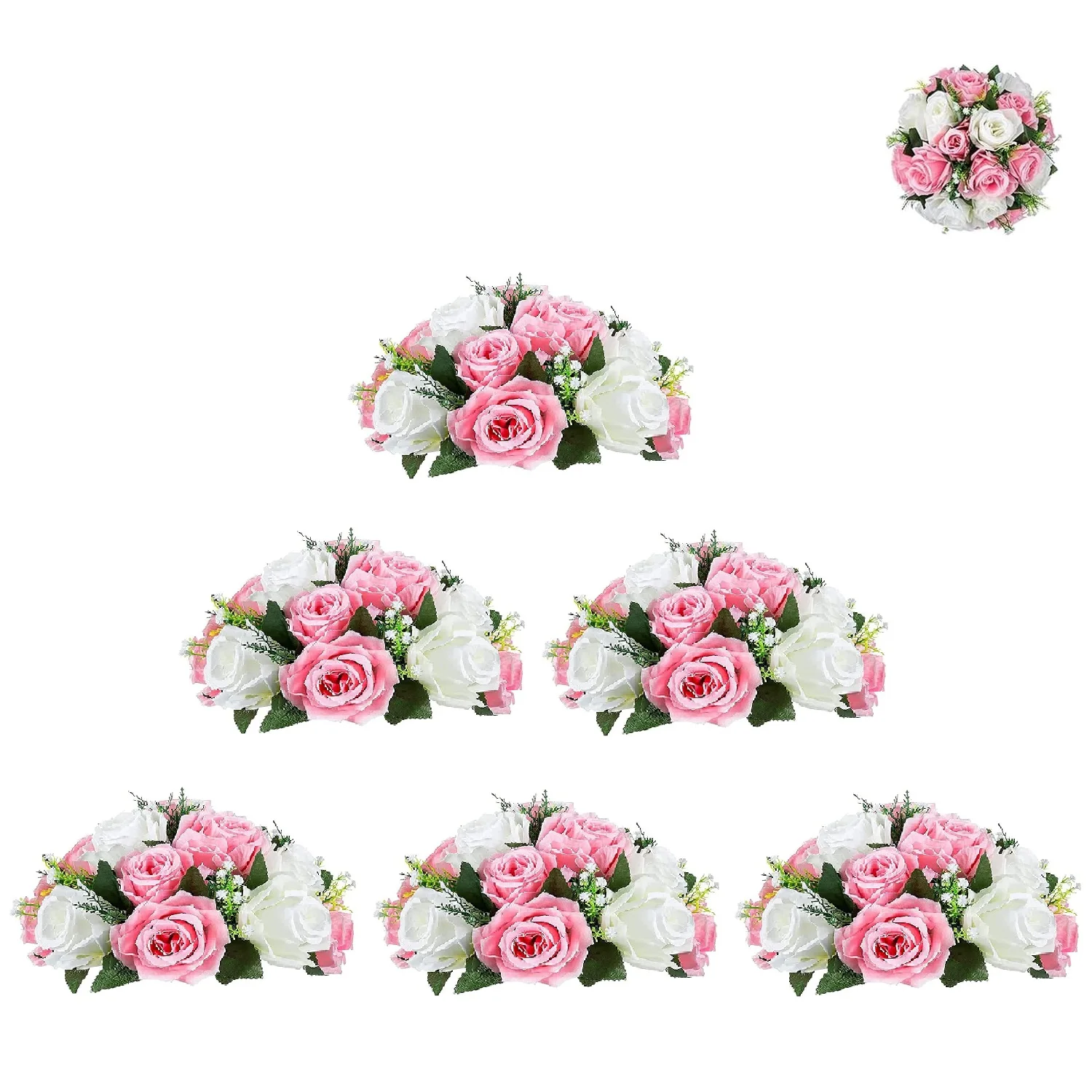 

6 Pcs Fake Flower Ball Arrangement Bouquet,15 Heads Plastic Roses with Base, Suitable for Wedding Centerpiece Home Decor