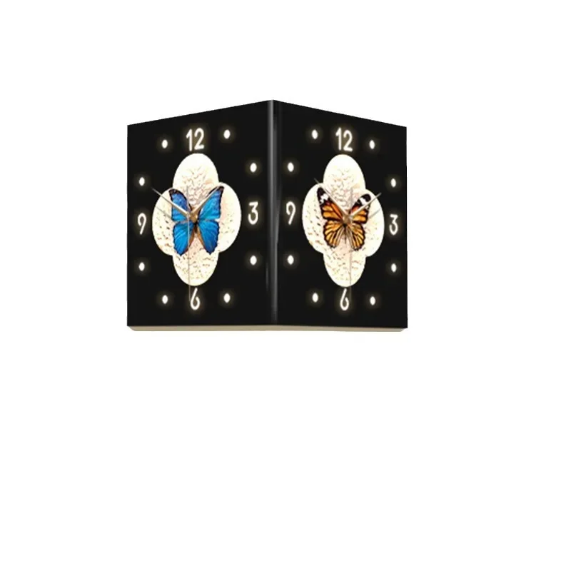 Medieval corner, double-sided wall clock creativity, colorful butterfly corner clock for home use, retro art clock hanging