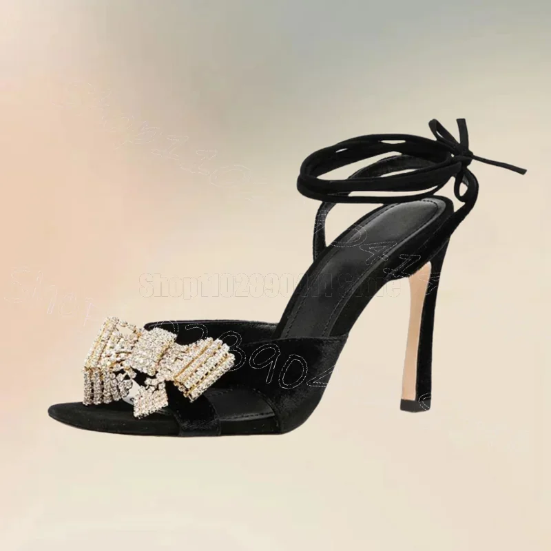 

Crystal Bow Knot Rose Red Corduroy Twine Sandals Lace Up Women Shoes Thin High Heels Open Toe Banquet 2025 Zapatos Para Mujere