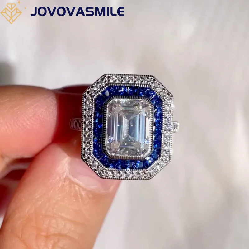 JOVOVASMILE Emerald Cut 3carat Moissanite Rings 0.95ct Lab Royal Blue Sapphire 585 Au750 Classic 9k Gold Rings For Women Jewelry