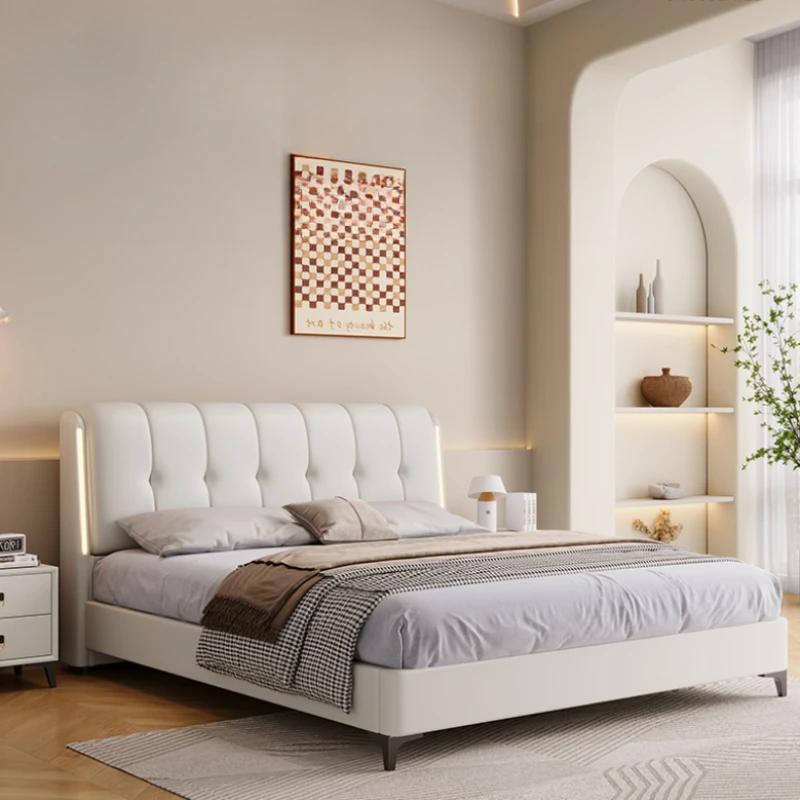 

High End Double Bed Frame Modern Master Cute King Bedroom Bed Frame White Modular Genuine Leather Cama Box Casal Room Furniture