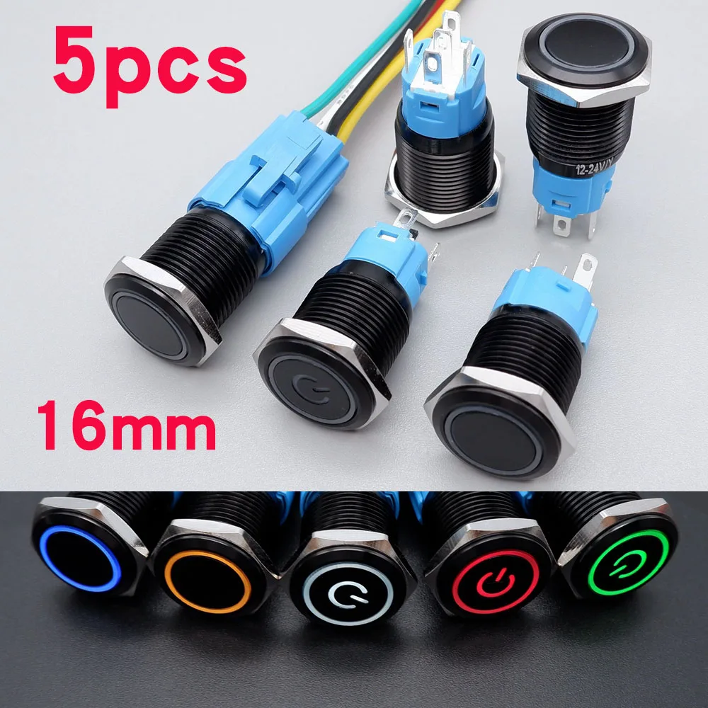 

5pcs 16mm Metal Push Button Switch PC Power Button LED Lights Waterproof Momentary Latching Black Flat Head Switch 5V 12V 220V