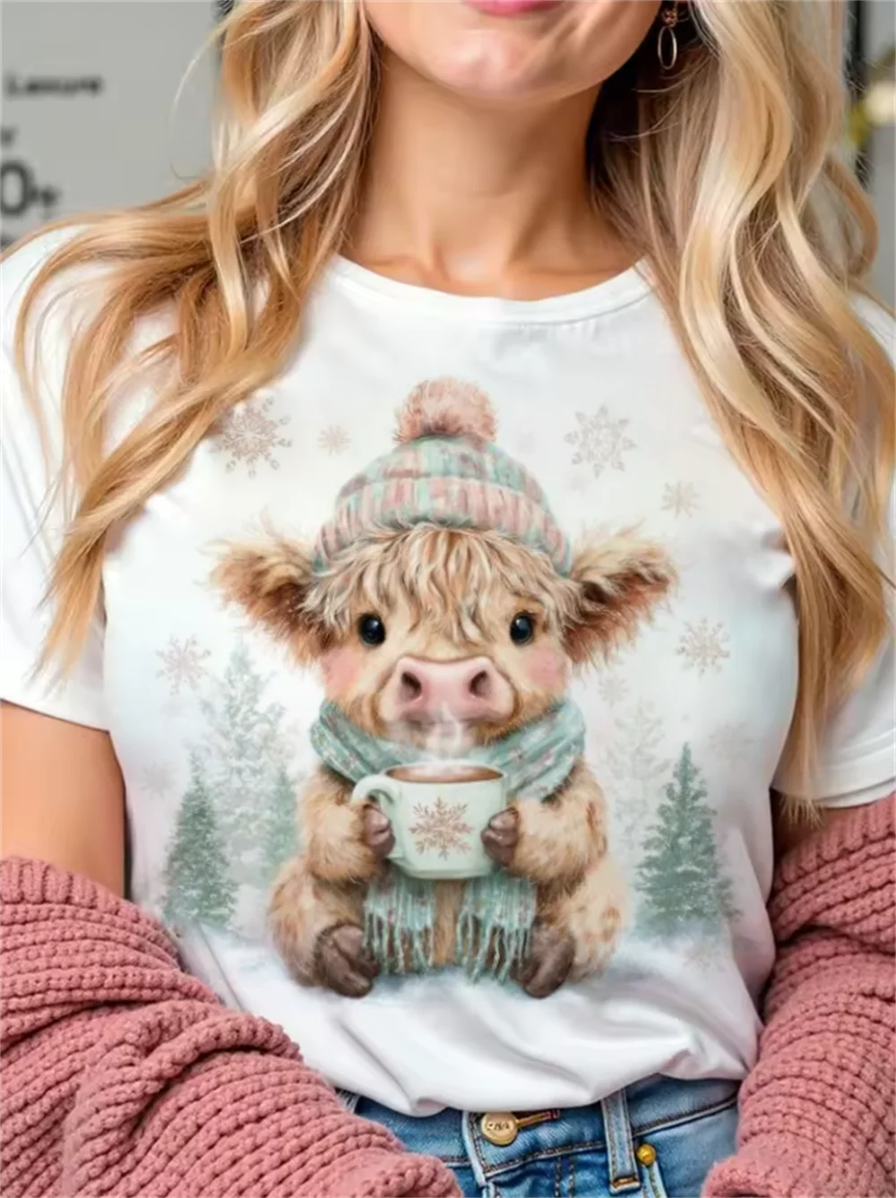 Sweet T-Shirt Clothing Printed Women's Cartoon Christmas Highland Cow Cute Pattern Short Sleeve Fashion Top Casual Style T-Shirt
