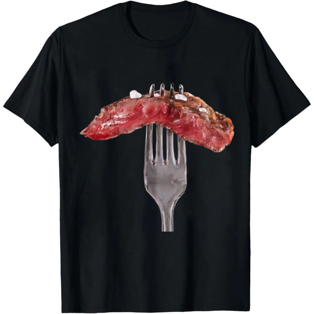 Raw Steak On Metal Fork Realistic Graphic Men Summer T Shirt Steak Lover Carnivore Simple Casual Short Sleeve Tee