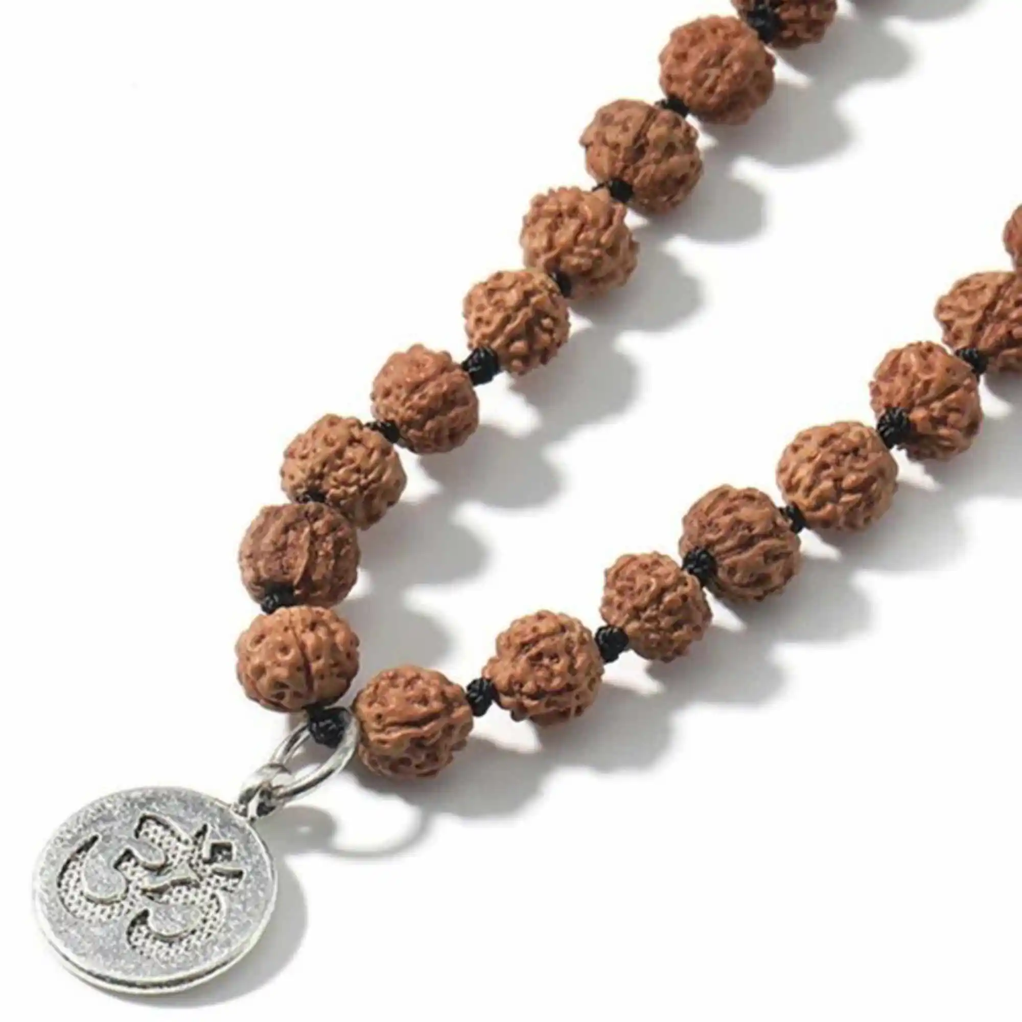 Natural 8mm brown Rudraksha Prayer mala 108+1 knot silver Necklace Seven Chakras Diy Blessing Inspiration Yoga Energy Restore