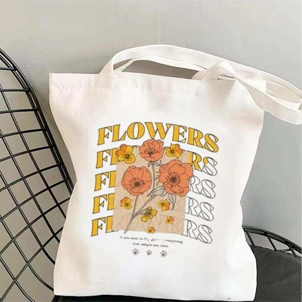 Canvas Tote Bag Women Retro Flower Letter Print Shoulder Bag Cotton Shopping HandbagReusable Grocery Bags
