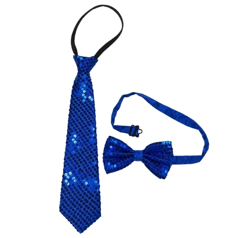 N5KF PreTied Zipper Necktie and Adjustable Sequined Bowtie Set for Stage Shows