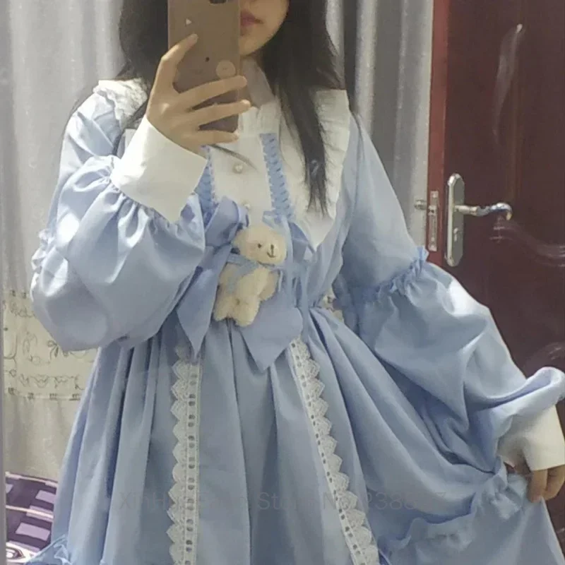 Em estoque lolita estilo vestidos azul cosplay drees roupas rpg trajes lolitas kawaii jsk japonês bonito estudante macio