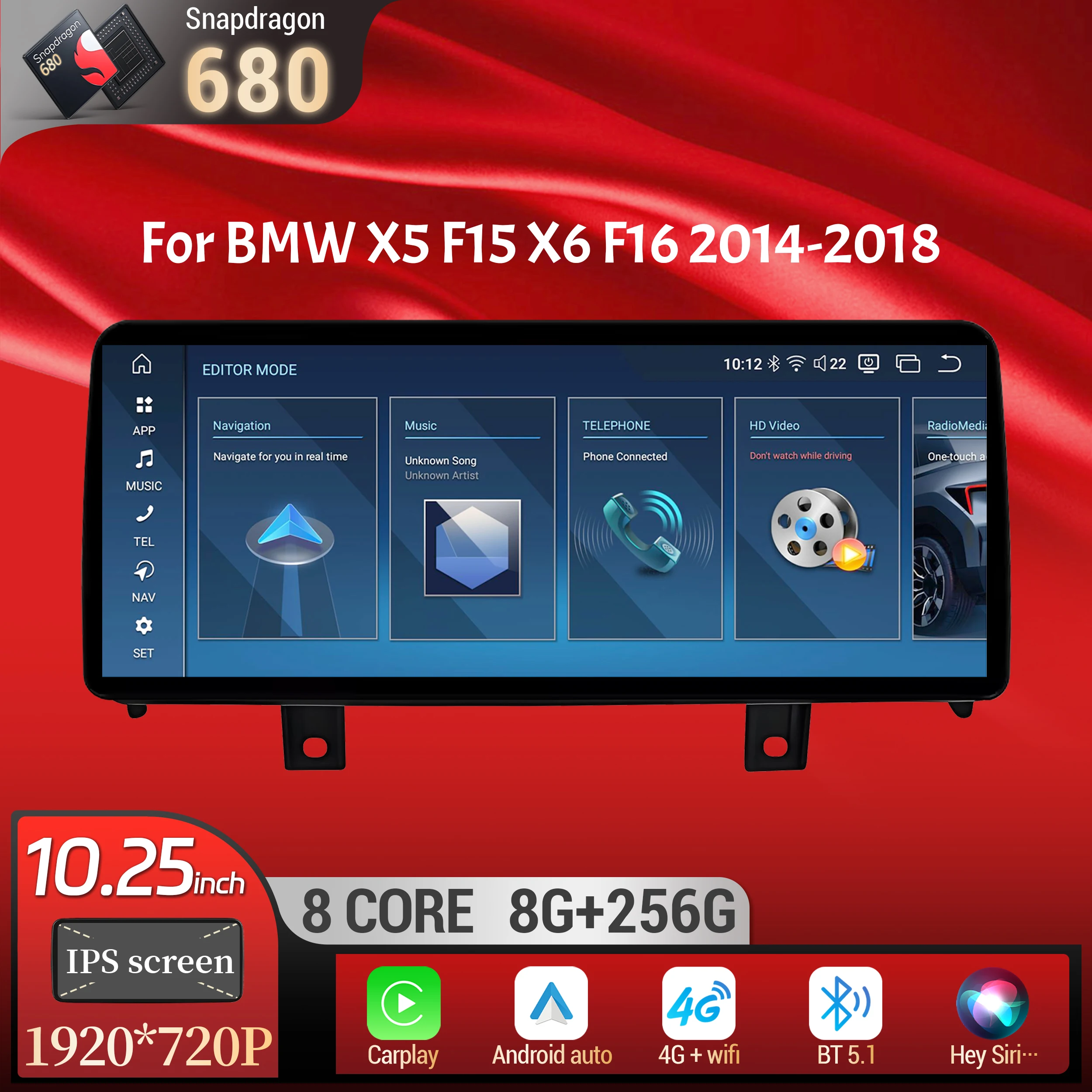 

10.25 inch Android 14 For BMW X5 F15 X6 F16 2014-2018 Car Radio Wireless Bluetooth Carplay Head Unit Snapdragon 680 Touch Screen