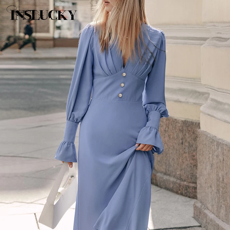 

InsLucky-Chiffon Lantern Sleeve Women's Dress,A Line Dress,High Waist Button Folds,Elegant Party,Chic Evening Dresses,Autumn