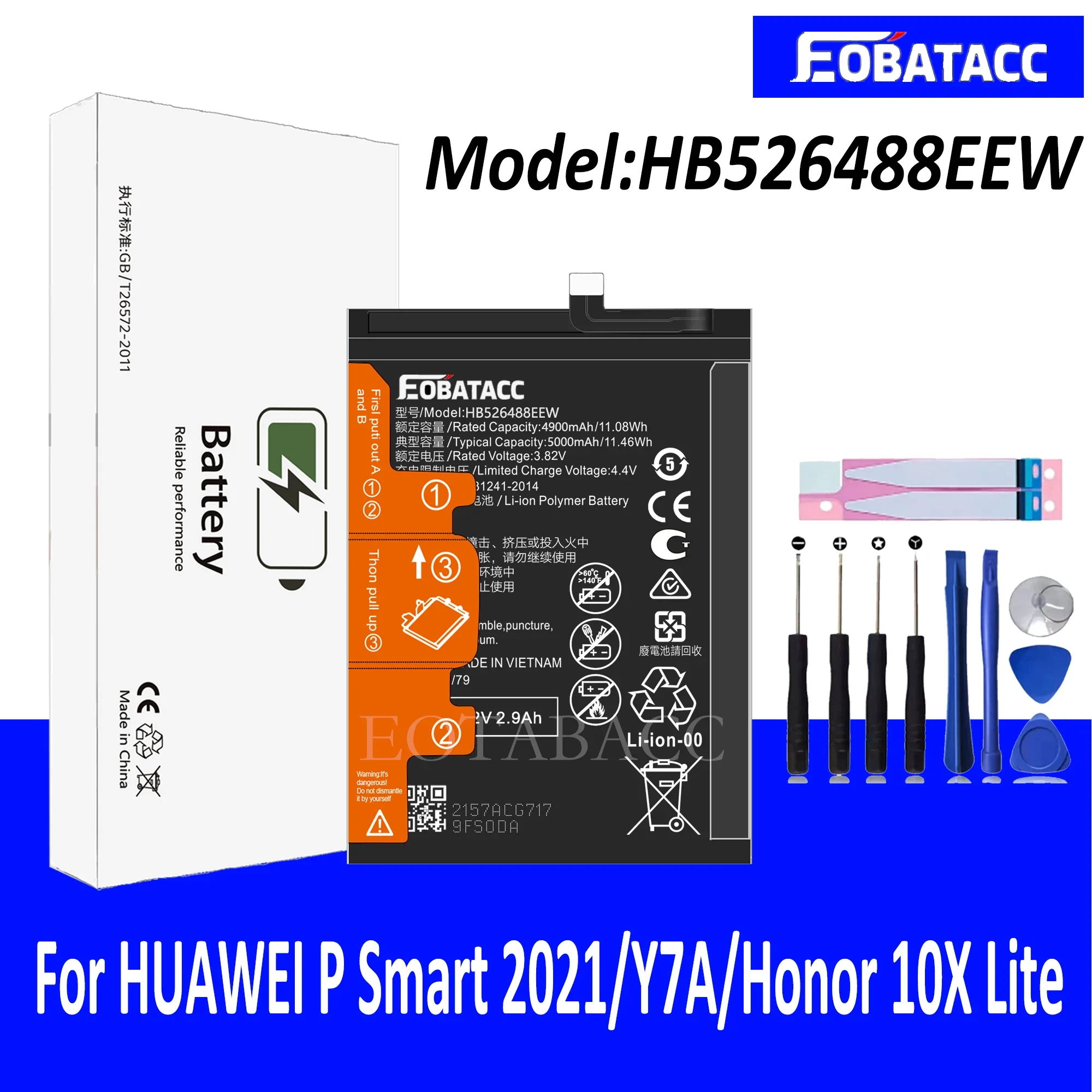 

EOTABACC 100% New Original Battery HB526488EEW For HUAWEI P Smart 2021/Y7A/Y6P/HB526489/Honor 10X Lite Battery +Tools