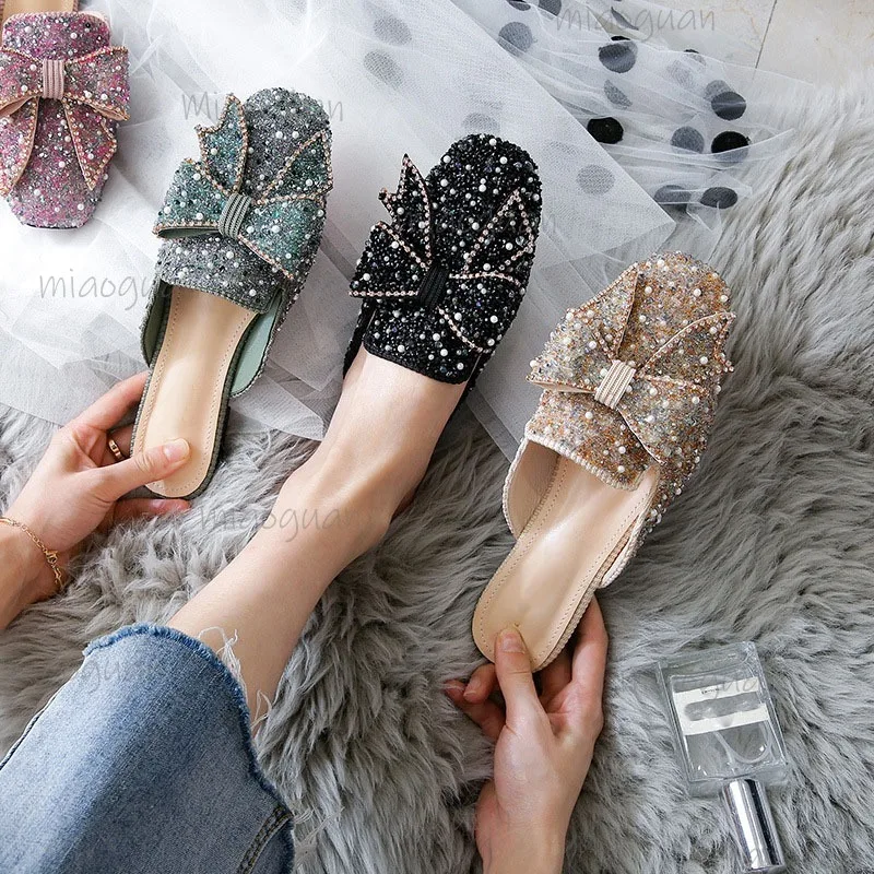 

Size 34-43 Rhinestone Beaded Women's Mules Cover Toe Trendy Slides Slip-on Woman Shoes Zapatos De Mujer Spring Summer Footwear