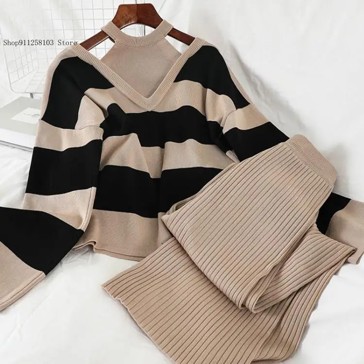 Spring and Autumn Temperament Striped Sexy Knitted Sweater Straight Leg Wide Leg Pants Two-Piece Set for Women