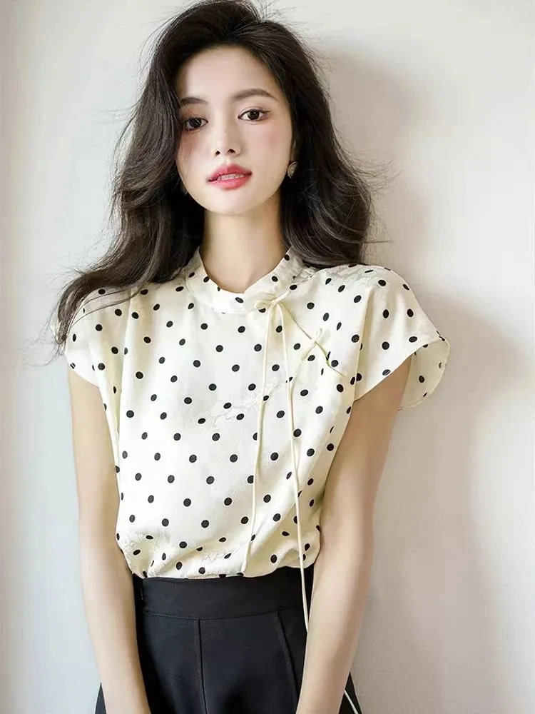 

New Chinese Style Polka Dot Standing Collar Sleeveless Shirt Women's Summer Light Mature French Design Niche Slimming Style Top