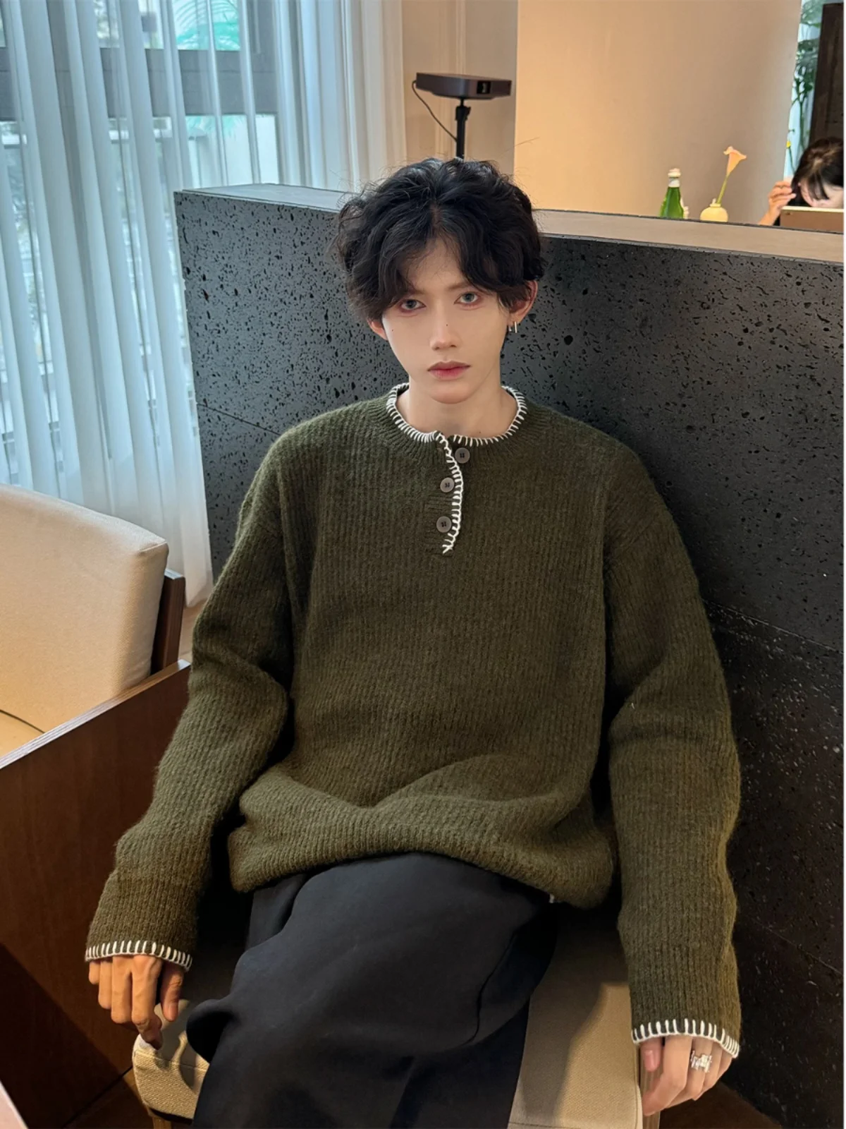 

Laid-ba Sle Men's Long Sve Knitted Sweater Henry Collar American Retro Bland een Moss Men's Faion Casual Wear