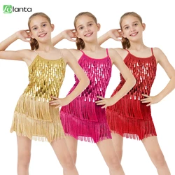 LOlanta 2Pcs Girls Sequin Fringe Dress Kids Salsa Cha Cha Tassel Latin Dance Dress & Shorts Set Adjustable Spaghetti Strap