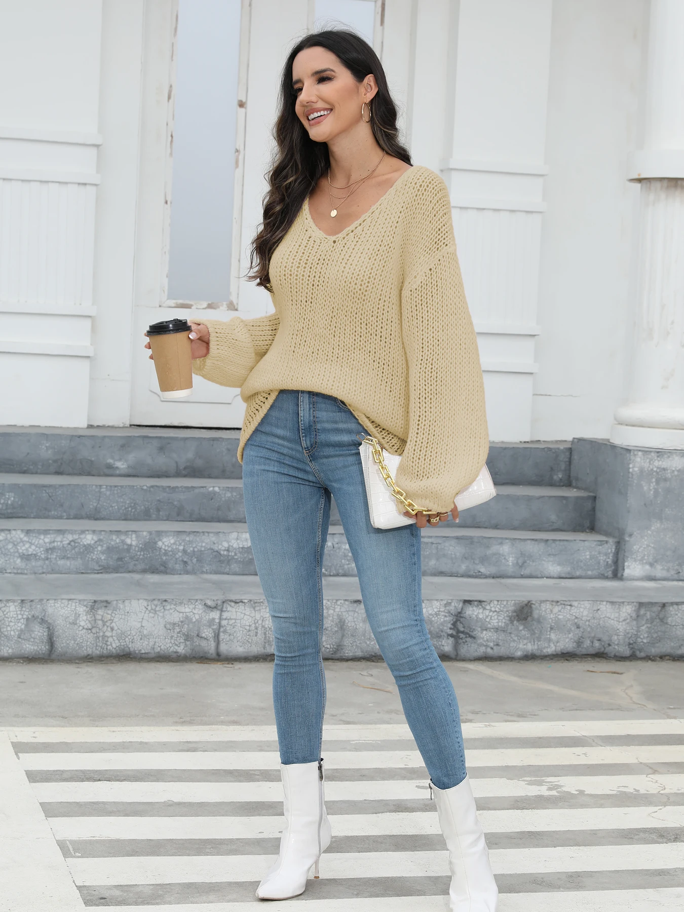 Damski sweter z długim rękawem i dekoltem w szpic Femme Basic Pull Knitted Hollow Top Fashion Shirt Clothes