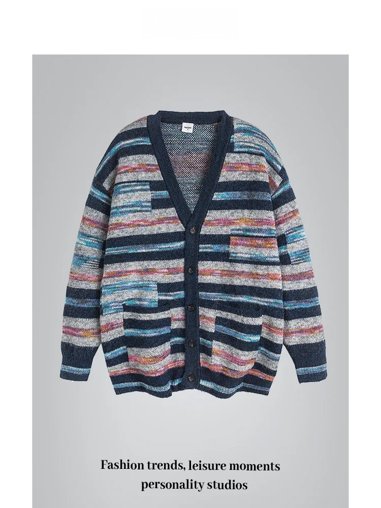 

Модный кардиган ANXIE унисекс в полоску с цветными блоками, V-образным вырезом, длинными рукавами, в городском стиле