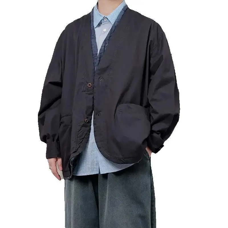 

Men Splice Design Japan Korea Streetwear Fashion Collarless Loose Casual Retro Kimono Robe Cargo Jacket Cityboy Coat