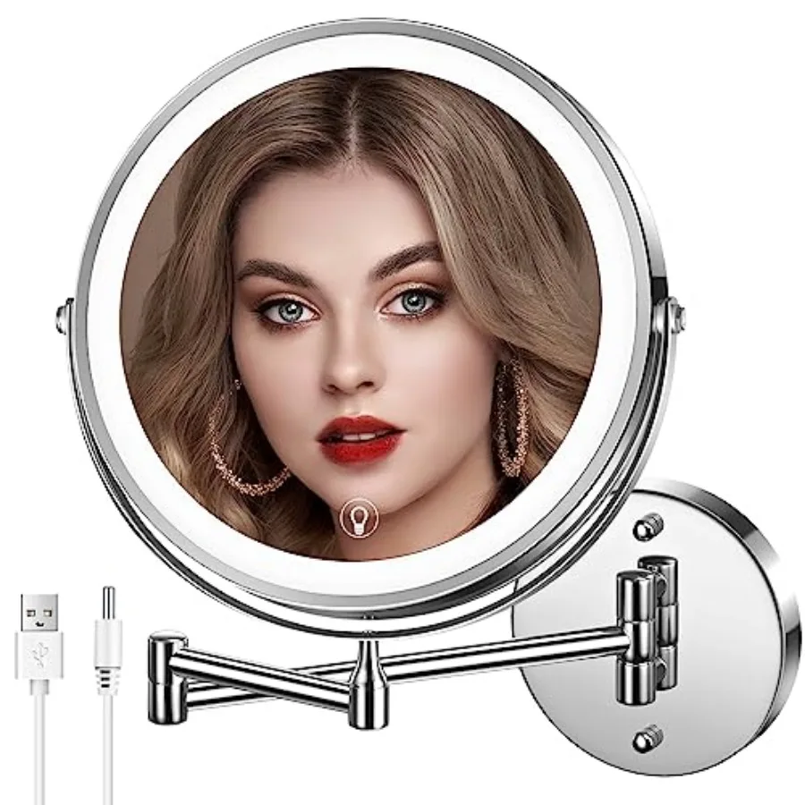 

Wall Mounted Lighted Makeup Mirror, 8" Rechargeable Double-Sided Light up Magnifying Mirror 1x/10x, 3 Colors Led Vanity Mirror