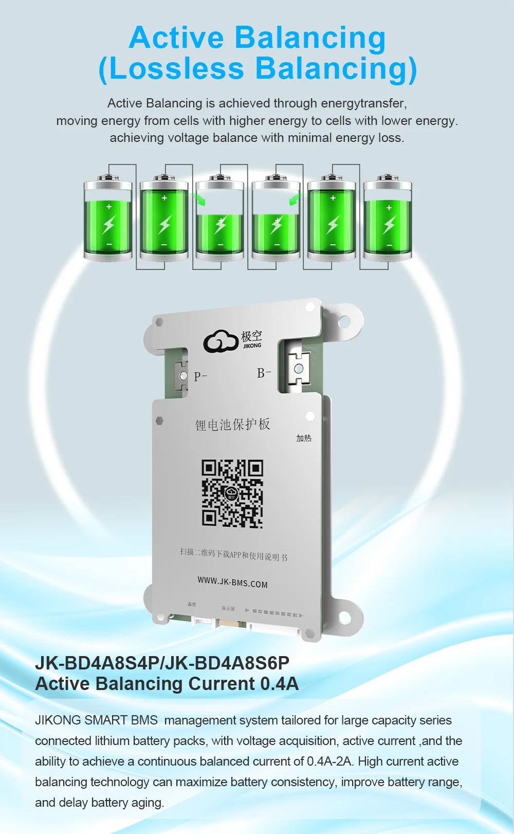 JIKONG BMS 4S 5S 6S 7S 8S Lifepo4 BMS 12V 24V mit 0,4A aktivem BMS 40A 60A Lifepo4 Li-Ion Lto Batterie Smart BMS – Detail 4
