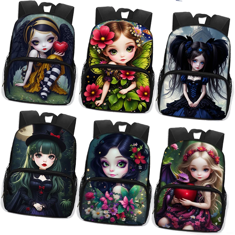 

Cartoon Gothic Girls Print School Bag for Kids Fantasy Angel Teenagers Women Fashion Backpack for Travel Student Bookbags Gift